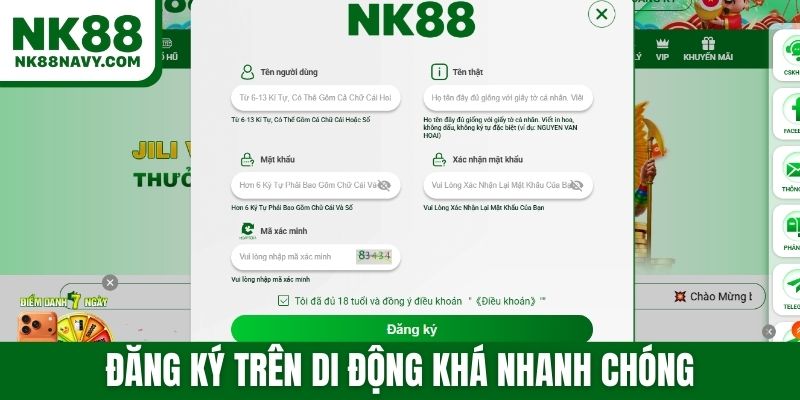 Đăng ký trên di động khá nhanh chóng