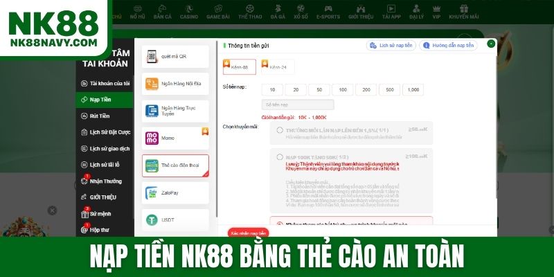 Nạp tiền NK88 bằng thẻ cào an toàn