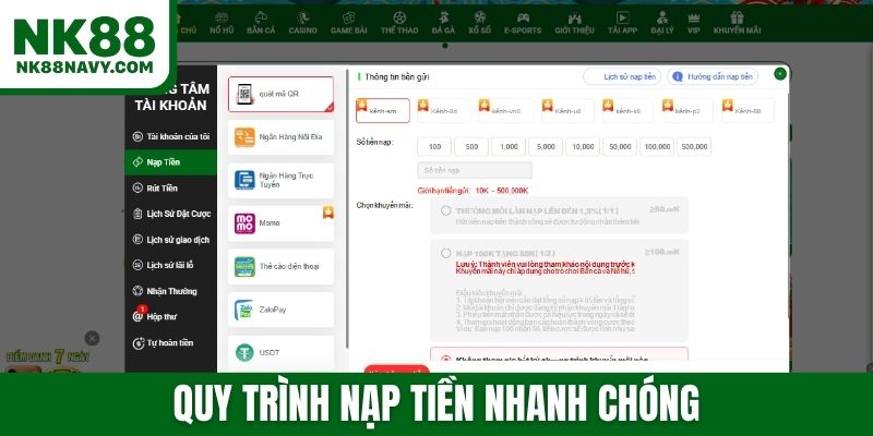 Quy trình nạp tiền nhanh chóng